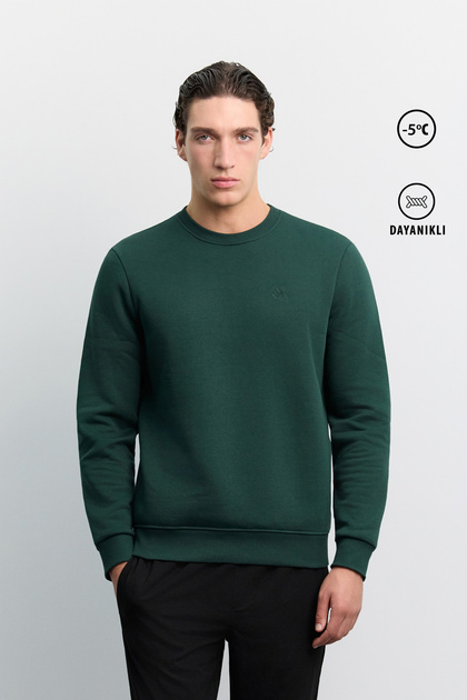 Men's Dark Green Crew Neck 3 Thread Threaded -5 Degree Resistant Regular Fit Sweatshirt A62Y129