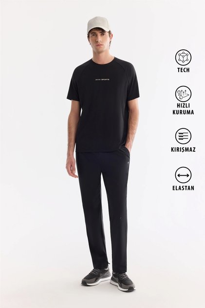Men's Black Elastic Waist Lace-Up Quick-Drying Anti-Wrinkle Technical Fabric Regular Fit Sweatpants A61Y