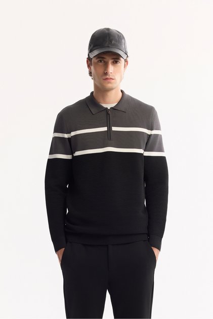 Men's Anthracite Polo Neck Zippered Striped Knitwear Regular Fit Sweater A52Y5091