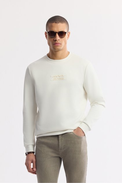 Men's Ecru Crew Neck Printed Bi-Stretch Interlock Regular Fit Sweatshirt A51Y1204