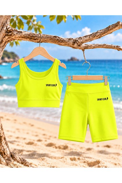 Kız Çocuk Neon Sarı Crop Üst ve Uzun Şortlu Mayo Takımı - 2 Parça