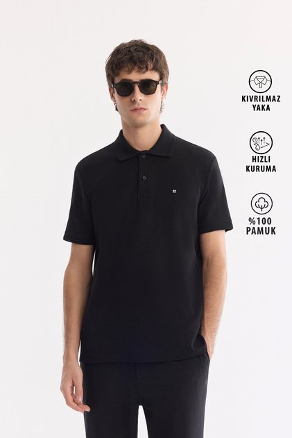 Men's Black Non-Curling Polo Neck 100% Cotton Basic Regular Fit T-Shirt B001032