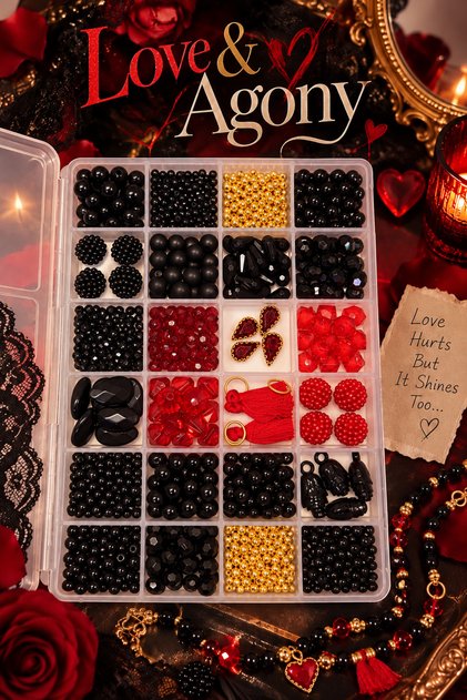 Love & Agony 🖤 ❤️ 24 Compartment Jewelry Making Kit – Black Red Gold Bead Design Kit