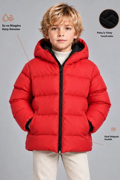 Boy's Red Fleece Inside Furry Hooded Water and Windproof Inflatable Winter Jacket Coat