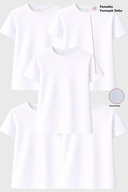 Women's 5-Piece White Basic T-Shirt Set, 30/1 Single Jersey Cotton , Soft Texture, Crew Neck