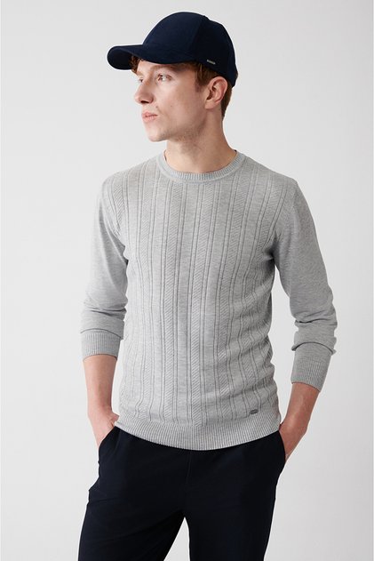 Men's Gray Crew Neck Front Patterned Sweater A32Y5158