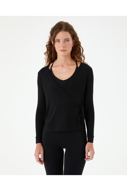 Black Ecovero ™ Viscose Long Sleeve V-Neck Wrap Tie Blouse