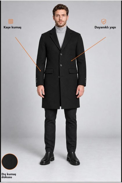 Men's Black Slim Fit Cashmere Coat Classic Collar 3 Buttons Long Cut Winter Coat