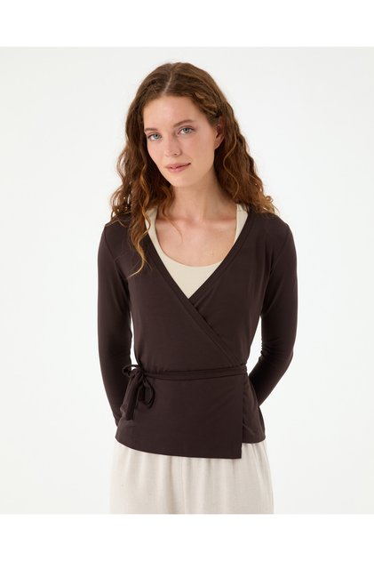 Brown Ecovero ™ Viscose Long Sleeve V-Neck Wrap Tie Blouse