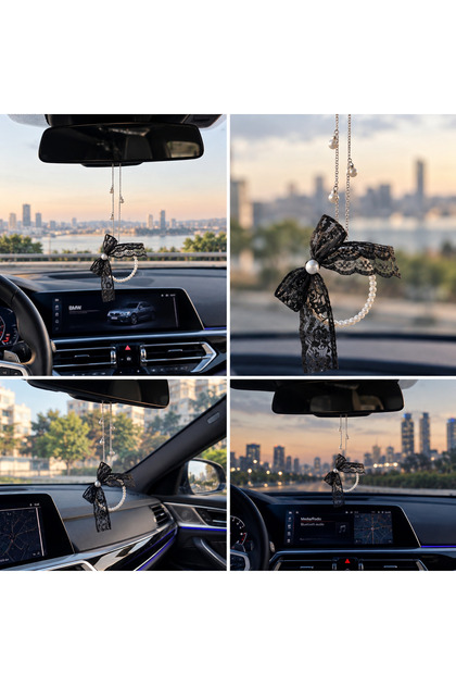 Automobile Rear View Ornament Black Lace with Pearls Special Design Auto Accessory