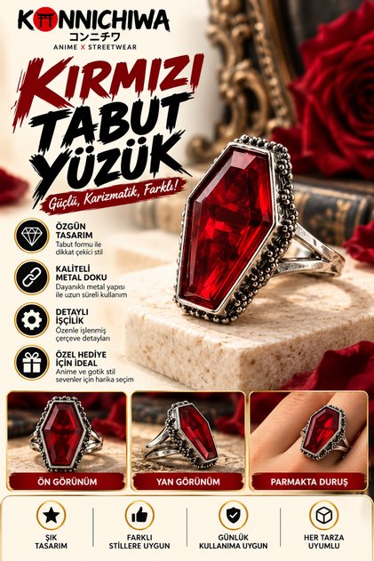 Red Coffin Unisex Ring – Gothic Stoned Metal Design