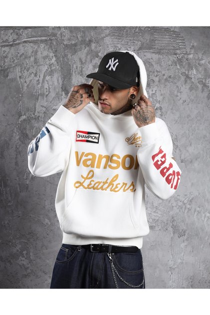 Vanson Chopper White Cotton 3 Thread Hooded Sweatshirt Hoodie