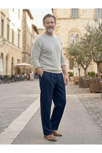 Men's Fabric Trousers Navy Blue Classic Cut Dad Trousers Classic Seasonal Navy Blue Color