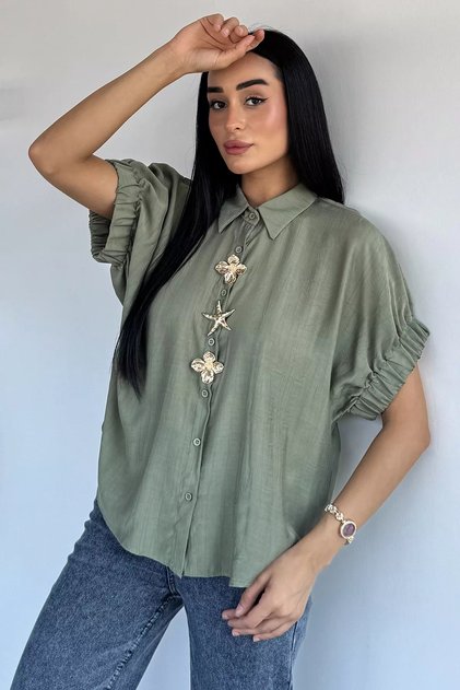 Gülseli Women's Shirt with Elastic Sleeves and Button Accessories