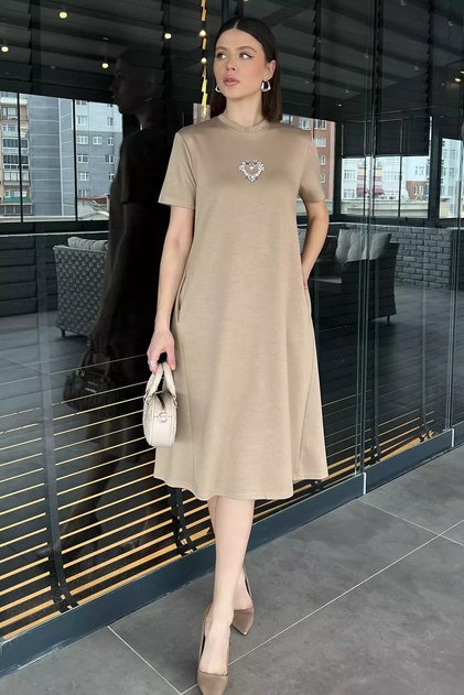 Crew Neck Women's Short Sleeve Dress with Stone Detail and Pockets