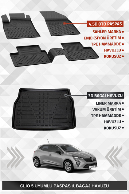Renault Clio 5 2020+ Uyumlu 4.5D SAHLER Premium Havuzlu Paspas ve Liner Marka 3D Bagaj Havuzu