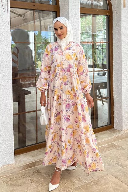 Patterned Summer Hijab Dress with Elasticated Sleeves and Front Button Detail
