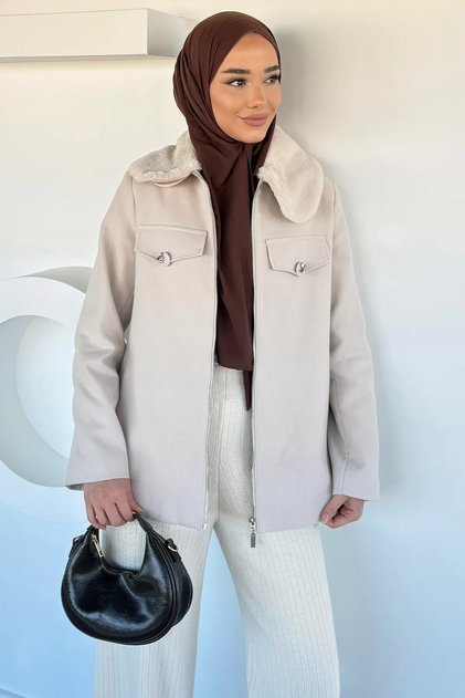 Collar Plush Stone Embroidered Hijab Coat