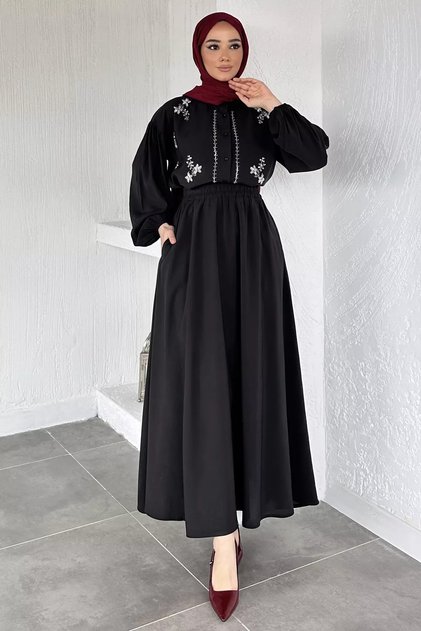 Beaded Shirt Skirt Hijab Two-Piece Set