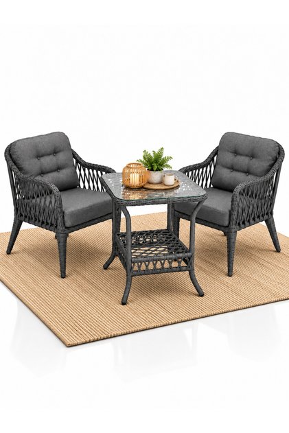 Small Raddan 1+1 Bistro Set Minderli 2 Kişilik Raddan Oturma Grubu Camlı Sehpa Bahçe Balkon Teras Set