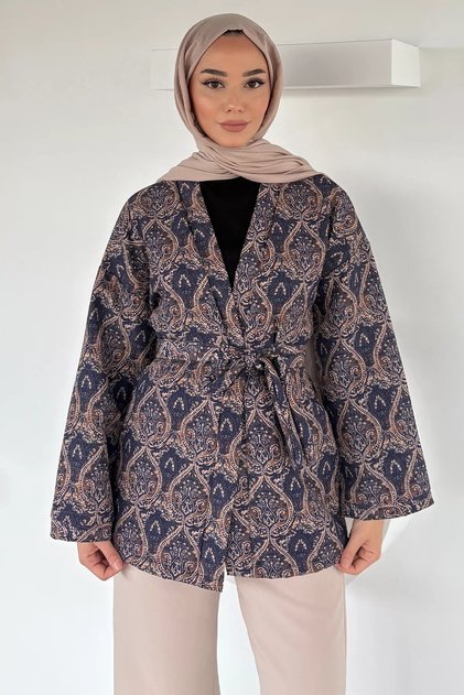 Belted Ethnic Pattern Quilted Hijab Jacket