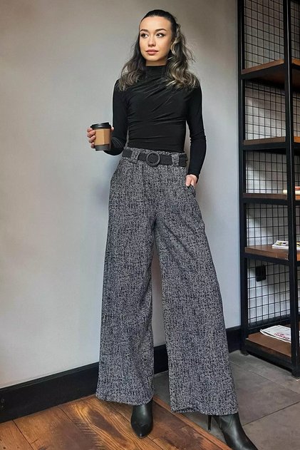 Women's Winter Cardigan with Patterned Pleats and Belt Detail Palazzo Pants
