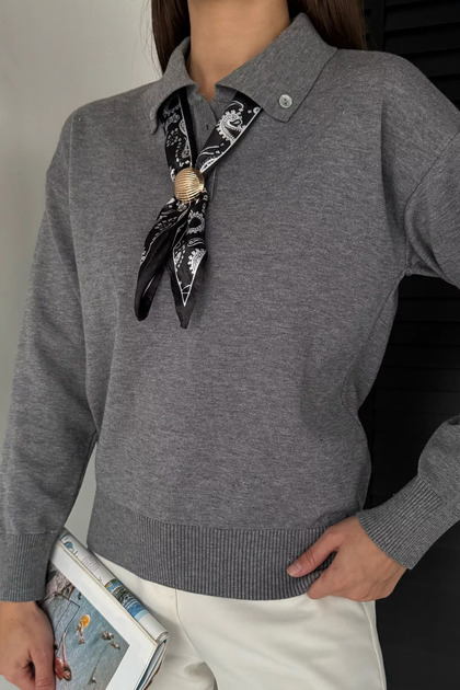Gülseli Women's Polo Collar Knitwear Blouse with Scarf and Brooch