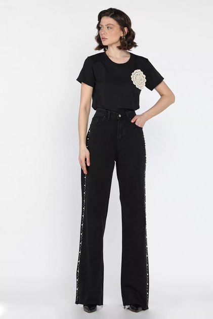 Women's Cut-Off Leg Stone Embroidered Jean Jeans