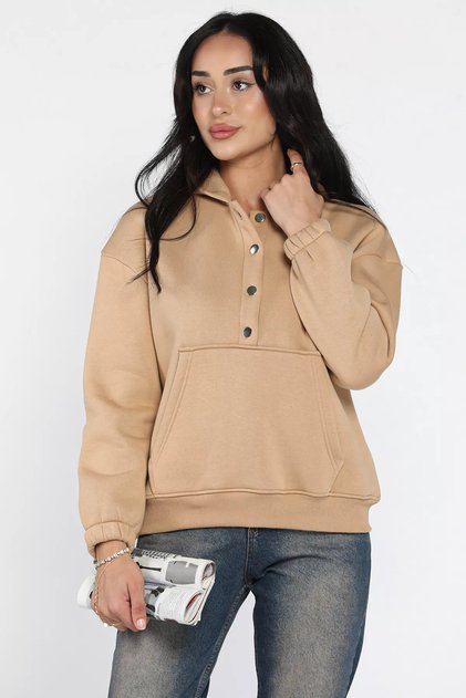 Women's Hooded Sweatshirt with Kangaroo Pockets and Button Detail