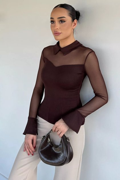 Women's Polo Collar Tulle Garnished Lycra Blouse