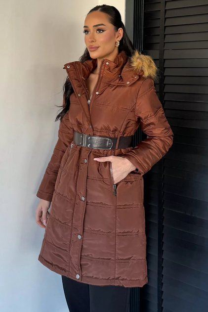 Women's Hooded Fur Belted Inflatable Coat