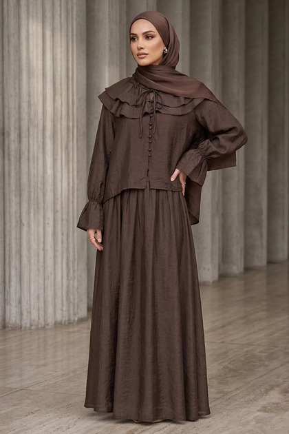 Collared Lace-Up Lined Blouse Skirt Hijab Double Set