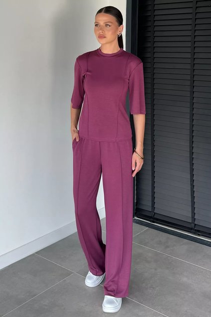 Women's Crew Neck Ribbed T-Shirt and Elastic Waist Pants Two-Piece Set