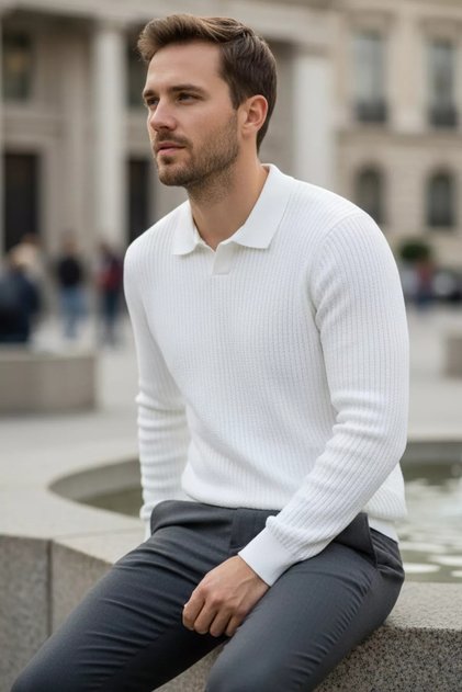 Men's Polo Neck Lycra Knit Sweater