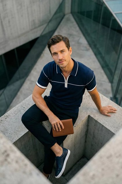 Men's Half Zip Polo Collar Lycra Knitwear T-Shirt
