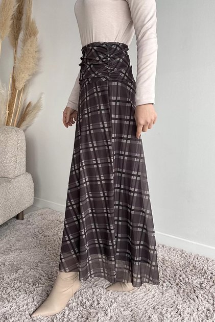 Patterned Hijab Skirt with Waist Drawstring Detail