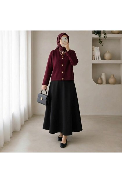 Heart Buttoned Knit Cardigan and Flared Skirt Two-Piece Set (Cardigan Standard Size, Skirt Sized)