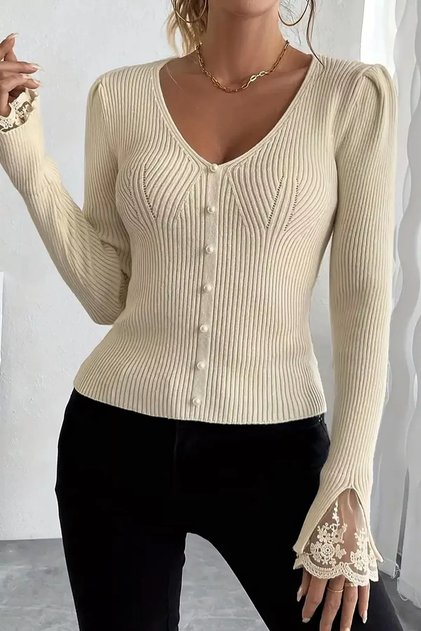 Sleeve Guipure Detailed V-Neck Knitwear Blouse