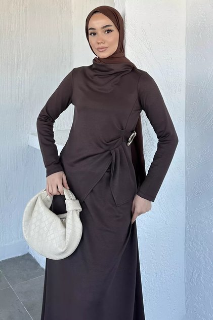 Gold Buckle Detailed Blouse Elastic Waist Skirt Hijab Double Set