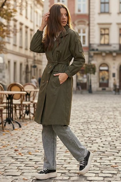 Women's Double-Breasted Collar Lined Trench Coat with Belted Waist
