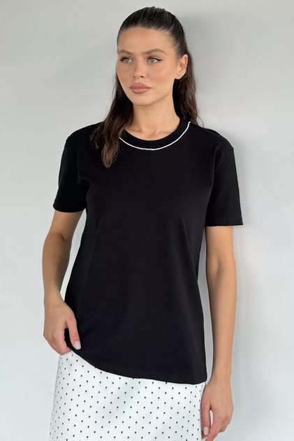 Women's T-Shirt with Stone Detail on the Collar