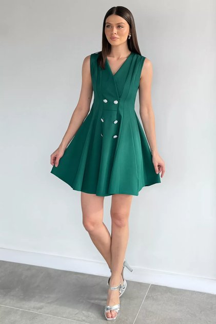 Double-Breasted Collar, Stone Buttons, Self-Lined Evening Dress