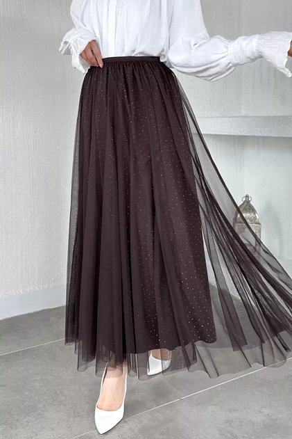 Elastic Waist Stone Embroidered Tulle Hijab Skirt
