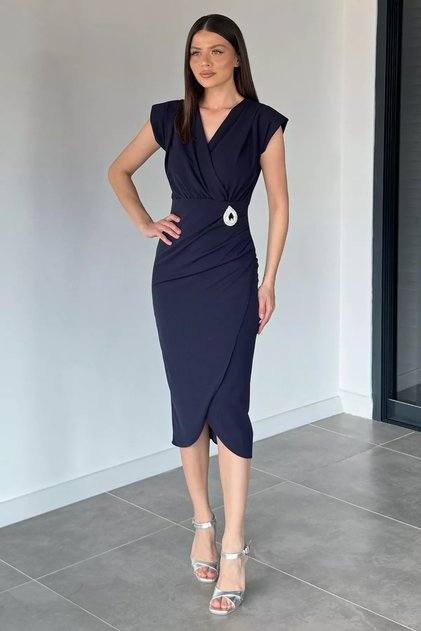 Women's Double Breasted Collar Brooch Detailed Dress