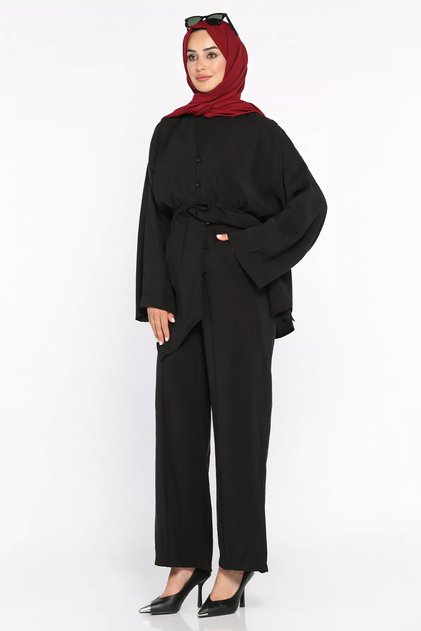 Elastic Waist, Tunic with Tie Detail, Hijab, Double Set