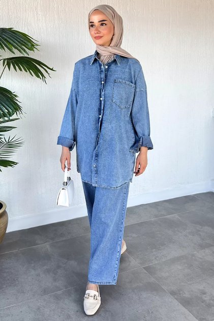 Stone Embellished Elastic Waist Pants, Front Snap Button Tunic, Islamic Clothing Double Set