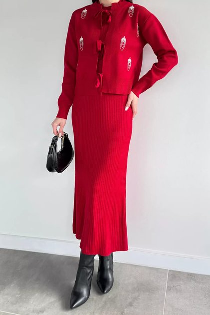 Women's Pearl and Stone Embroidered Knitwear Dress Cardigan Double Set
