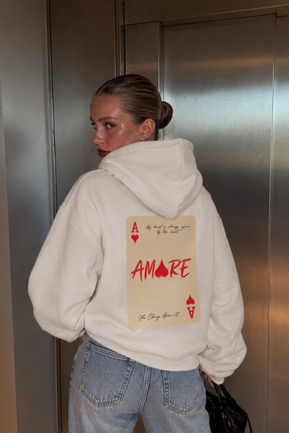 Unisex Oversize Sweatshirt Hoodie Amore Ace Printed White – Hooded, Kangaroo Pocket, 3 Thread Ribs