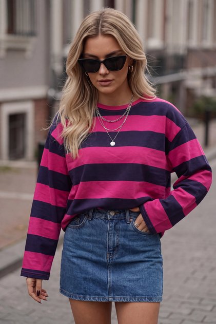 Women's fuchsia burgundy wide sleeve wide striped oversize two thread sweatshirt