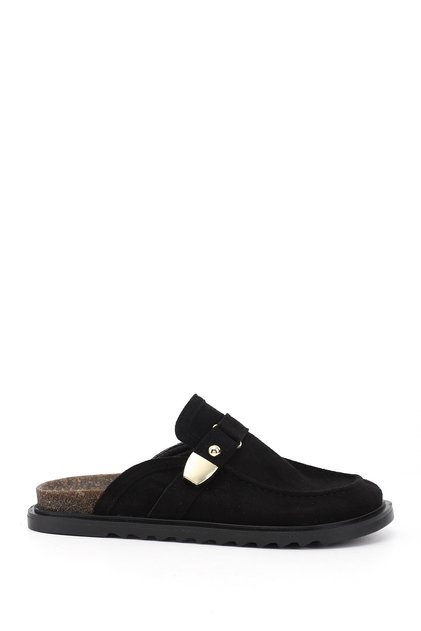 Women's Black Suede Buckle Slippers